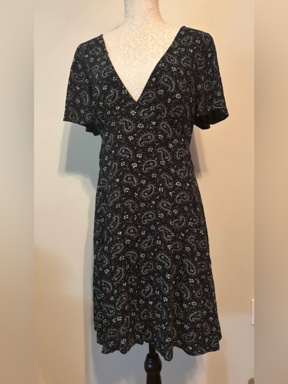 bp Navy Blue Paisley V-Neck Midi Dress with Light Blue Accents